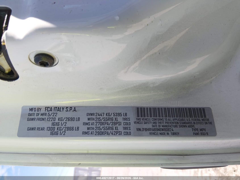 2022 Ram Promaster city VIN ZFBHRFAB9N6W80824 IAAI salvage auction — SIDE, Salvage Title, sold $8,900 on 2026-07-29 (photo 9)