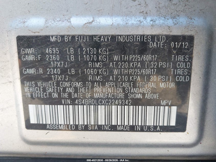 2012 Subaru Outback VIN 4S4BRDLCXC2249342 IAAI salvage auction — NORMAL WEAR, Clear (New York), sold $850 on 2026-07-19 (photo 9)