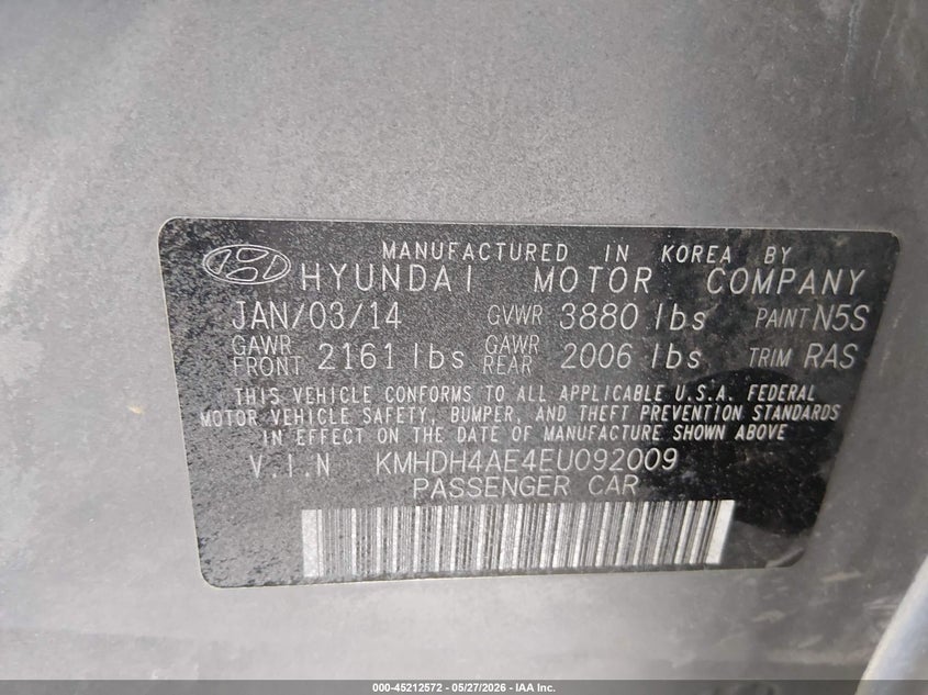 2014 Hyundai Elantra VIN KMHDH4AE4EU092009 IAAI salvage auction — FRONT END, Salvage Title, sold $750 on 2026-07-29 (photo 9)