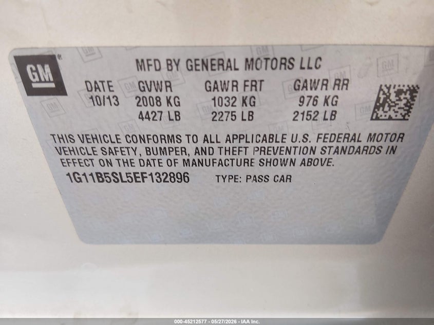 2014 Chevrolet Malibu VIN 1G11B5SL5EF132896 IAAI salvage auction — RIGHT REAR, Salvage Title, sold $2,525 on 2026-07-10 (photo 9)