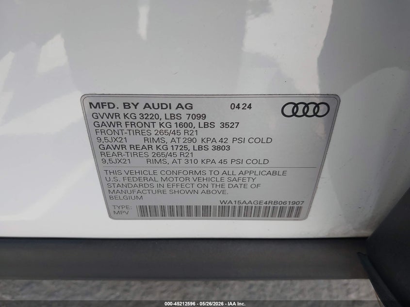 2024 Audi Q8 VIN WA15AAGE4RB061907 IAAI salvage auction — LEFT REAR, Salvage Title, sold $25,500 on 2026-07-23 (photo 9)