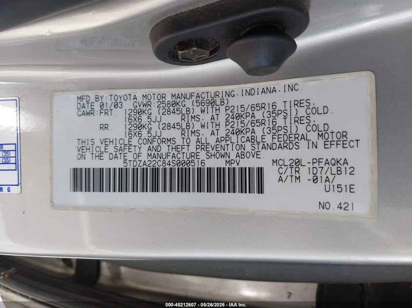 2004 Toyota Sienna VIN 5TDZA22C84S000516 IAAI salvage auction — NORMAL WEAR, Clear (California), sold $25 on 2026-07-29 (photo 9)