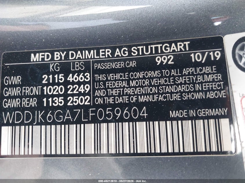 2020 Mercedes-benz Sl-klasse VIN WDDJK6GA7LF059604 IAAI salvage auction — FRONT END, Salvage Title, sold $15,000 on 2026-07-06 (photo 9)