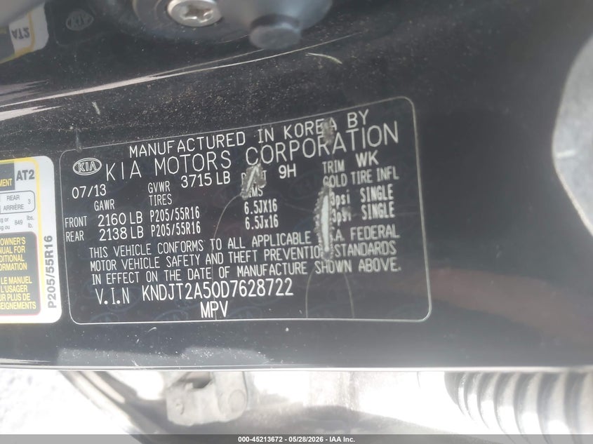2013 Kia Soul VIN KNDJT2A50D7628722 IAAI salvage auction — NORMAL WEAR, Salvage Title, sold $375 on 2026-07-28 (photo 9)