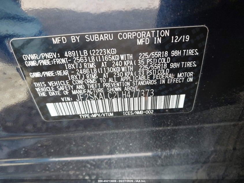 2020 Subaru Forester VIN JF2SKALC2LH477373 IAAI salvage auction — ROLLOVER, Salvage Title, sold $1,750 on 2026-07-22 (photo 9)