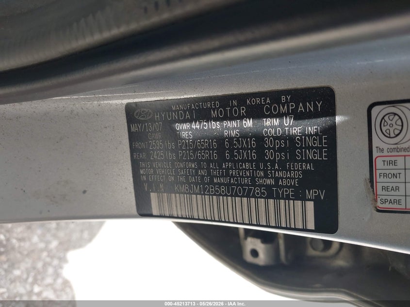 2008 Hyundai Tucson VIN KM8JM12B58U707785 IAAI salvage auction — NORMAL WEAR, Clear (Florida), sold $575 on 2026-07-15 (photo 9)