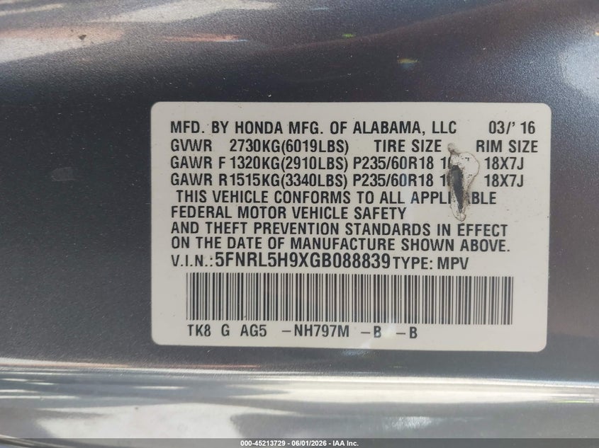 2016 Honda Odyssey VIN 5FNRL5H9XGB088839 IAAI salvage auction — HAIL, Original (Texas), sold $7,250 on 2026-07-29 (photo 9)