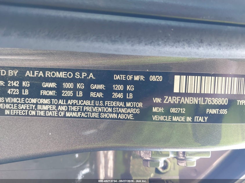 2020 Alfa romeo Giulia VIN ZARFANBN1L7636800 IAAI salvage auction — RIGHT SIDE, Salvage Title, sold $1,900 on 2026-07-09 (photo 9)