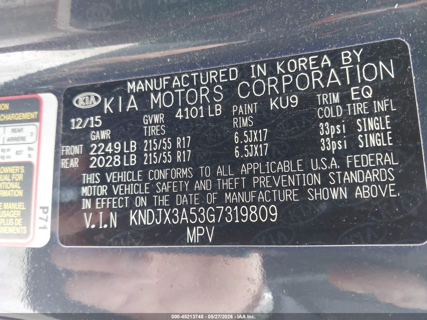 2016 Kia Soul VIN KNDJX3A53G7319809 IAAI salvage auction — NORMAL WEAR, Original (Ohio), sold $1,400 on 2026-07-22 (photo 9)