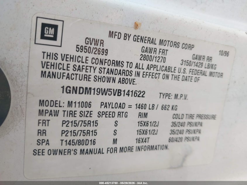 1997 Chevrolet Astro VIN 1GNDM19W5VB141622 IAAI salvage auction — NORMAL WEAR, Clear (Utah), sold $250 on 2026-07-09 (photo 9)