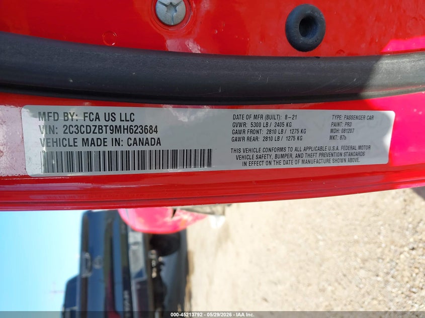 2021 Dodge Challenger VIN 2C3CDZBT9MH623684 IAAI salvage auction — LEFT REAR, Salvage Title, sold $7,900 on 2026-08-22 (photo 9)