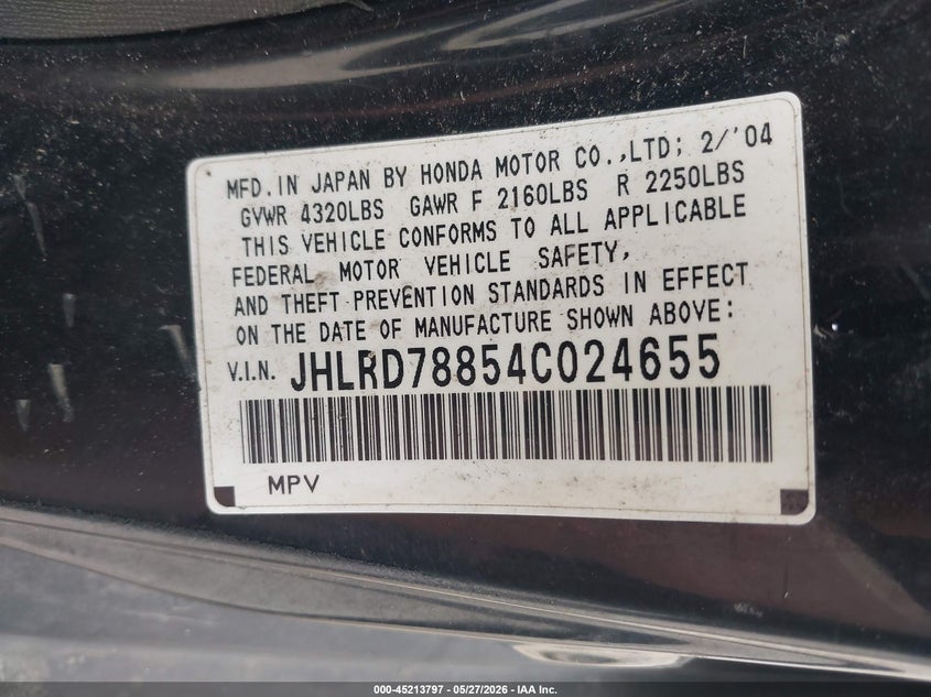 2004 Honda Cr-v VIN JHLRD78854C024655 IAAI salvage auction — NORMAL WEAR, Clear (Montana), sold $300 on 2026-07-29 (photo 9)