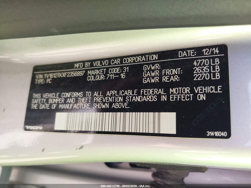 2015 Volvo S60 VIN YV1612TKXF2356897 IAAI salvage auction — NORMAL WEAR, Clear (Massachusetts), sold $500 on 2026-07-24 (photo 9)