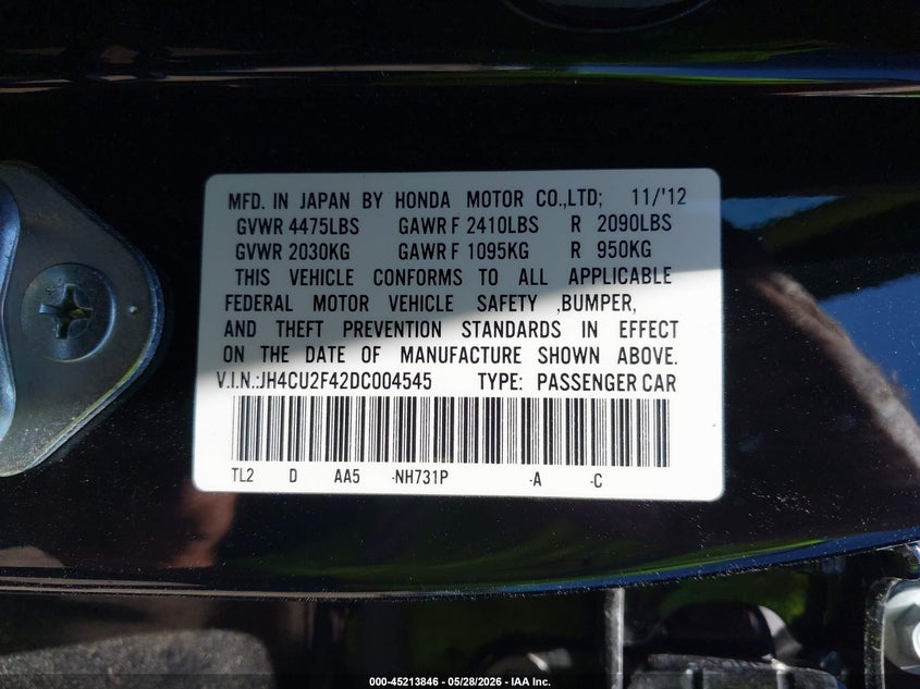2013 Acura Tsx VIN JH4CU2F42DC004545 IAAI salvage auction — FRONT END, Salvage Title, sold $725 on 2026-07-14 (photo 9)