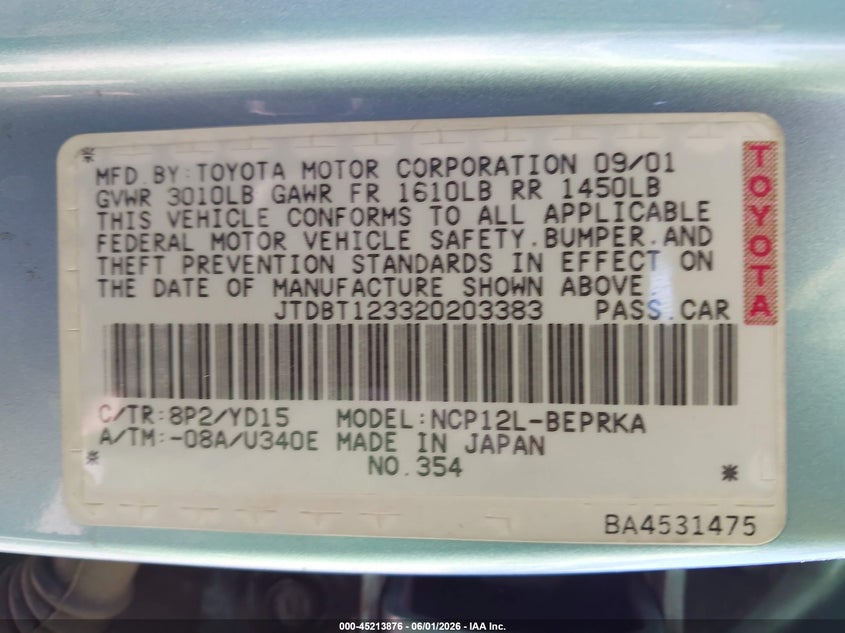 2002 Toyota Echo VIN JTDBT123320203383 IAAI salvage auction — NORMAL WEAR, Clear-Dealer Only (Arizona), sold $650 on 2026-07-14 (photo 9)