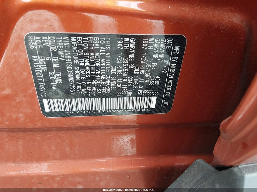 2022 Nissan Rogue VIN JN8BT3DD5NW277251 IAAI salvage auction — HAIL, Salvage Title, sold $11,250 on 2026-07-20 (photo 9)