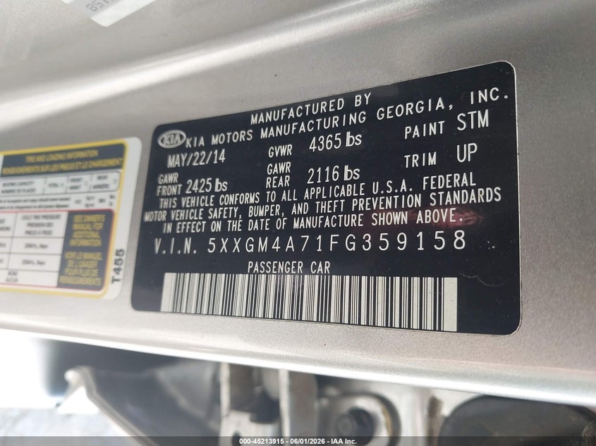 2015 Kia Optima VIN 5XXGM4A71FG359158 IAAI salvage auction — NORMAL WEAR, Clear (Alabama), sold $250 on 2026-07-10 (photo 9)
