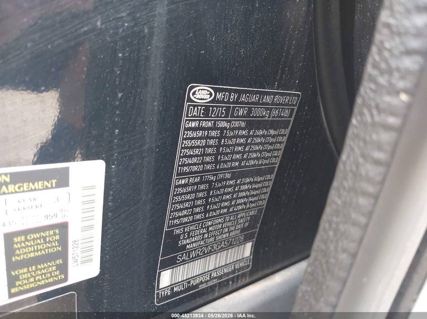 2016 Land rover Range rover sport VIN SALWR2VF3GA571228 IAAI salvage auction — NORMAL WEAR, Clear (Indiana), sold $2,800 on 2026-07-08 (photo 9)