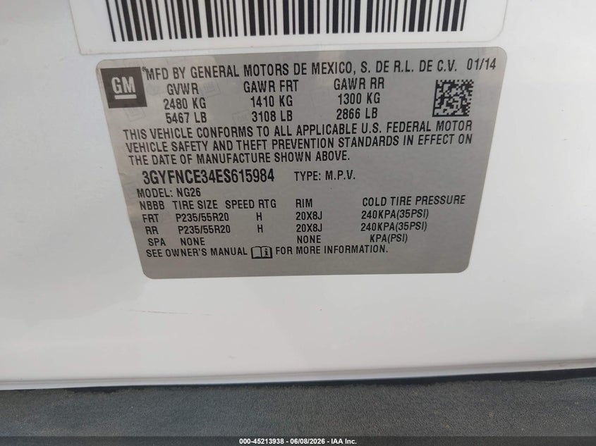 2014 Cadillac Srx VIN 3GYFNCE34ES615984 IAAI salvage auction — FRONT & REAR, Salvage Title, sold $5,100 on 2026-07-29 (photo 9)