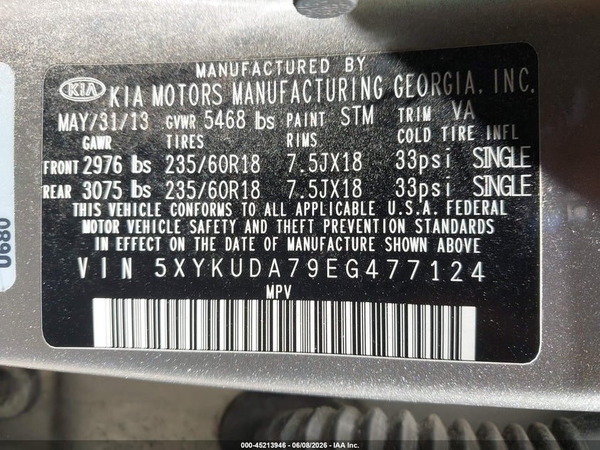 2014 Kia Sorento VIN 5XYKUDA79EG477124 IAAI salvage auction — NORMAL WEAR, Clear (Pennsylvania), sold $1,050 on 2026-07-07 (photo 9)