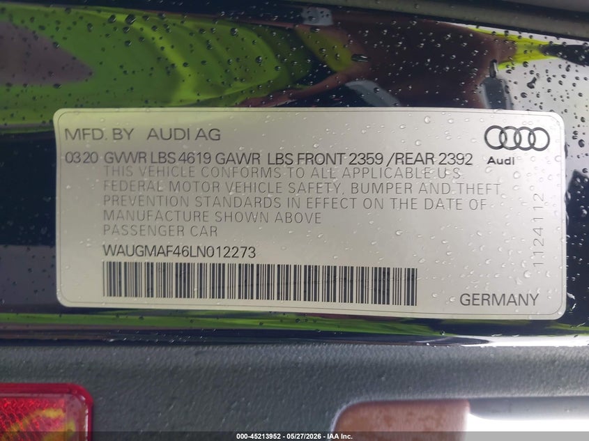 2020 Audi A4 VIN WAUGMAF46LN012273 IAAI salvage auction — FRONT END, Salvage Title, sold $2,250 on 2026-07-11 (photo 9)