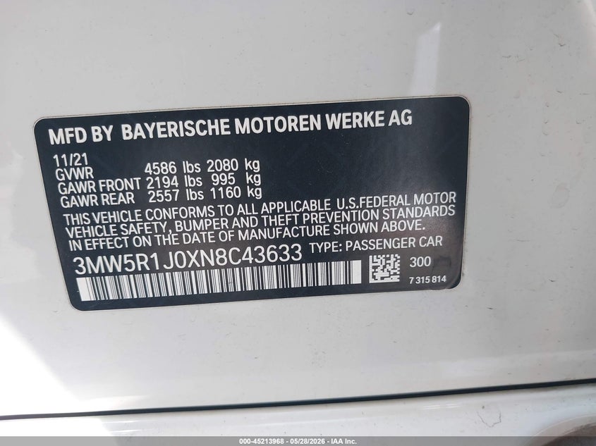 2022 BMW 3er VIN 3MW5R1J0XN8C43633 IAAI salvage auction — FRONT END, Salvage Title, sold $10,100 on 2026-07-09 (photo 9)