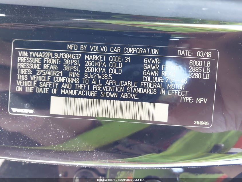 2018 Volvo Xc90 VIN YV4A22PL9J1384637 IAAI salvage auction — FRONT END, Salvage Title, sold $4,250 on 2026-08-11 (photo 9)