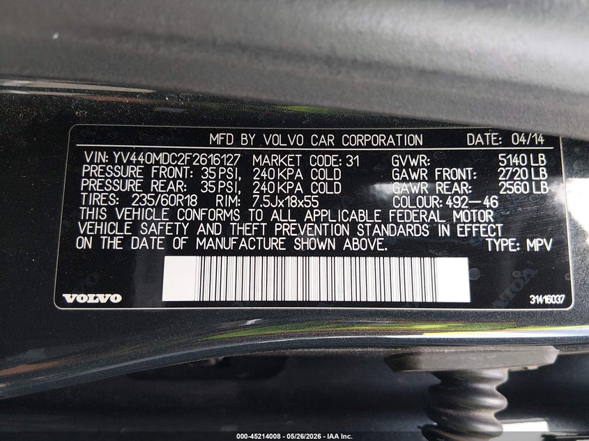 2015 Volvo Xc60 VIN YV440MDC2F2616127 IAAI salvage auction — NORMAL WEAR, Salvage Title, sold $900 on 2026-09-04 (photo 9)