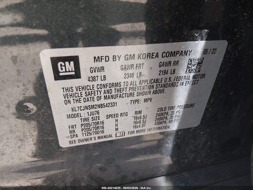 2022 Chevrolet Trax VIN KL7CJNSM2NB542331 IAAI salvage auction — HAIL, Salvage (Ohio), sold $6,150 on 2026-07-07 (photo 9)