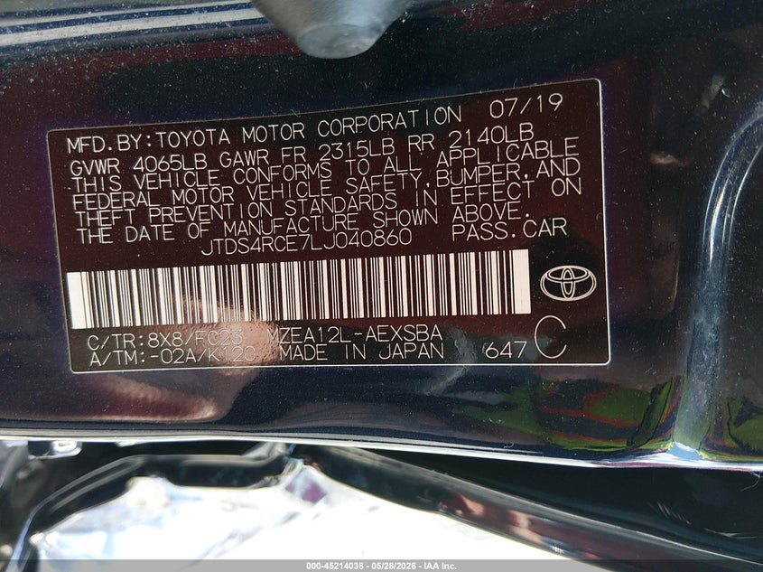 2020 Toyota Corolla VIN JTDS4RCE7LJ040860 IAAI salvage auction — LEFT SIDE, Salvage (West Virginia), sold $4,050 on 2026-07-29 (photo 9)