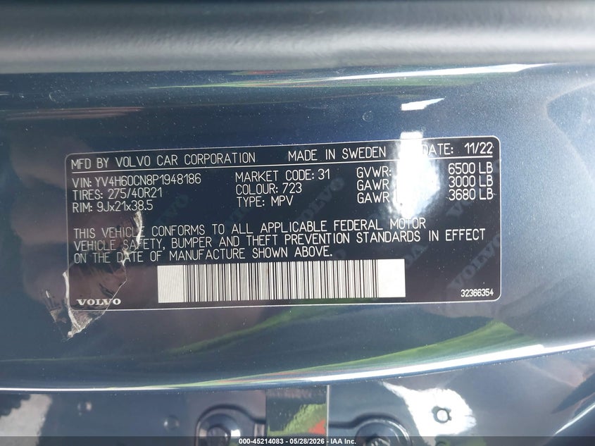 2023 Volvo Xc90 VIN YV4H60CN8P1948186 IAAI salvage auction — LEFT FRONT, Salvage Title, sold $13,725 on 2026-07-21 (photo 9)
