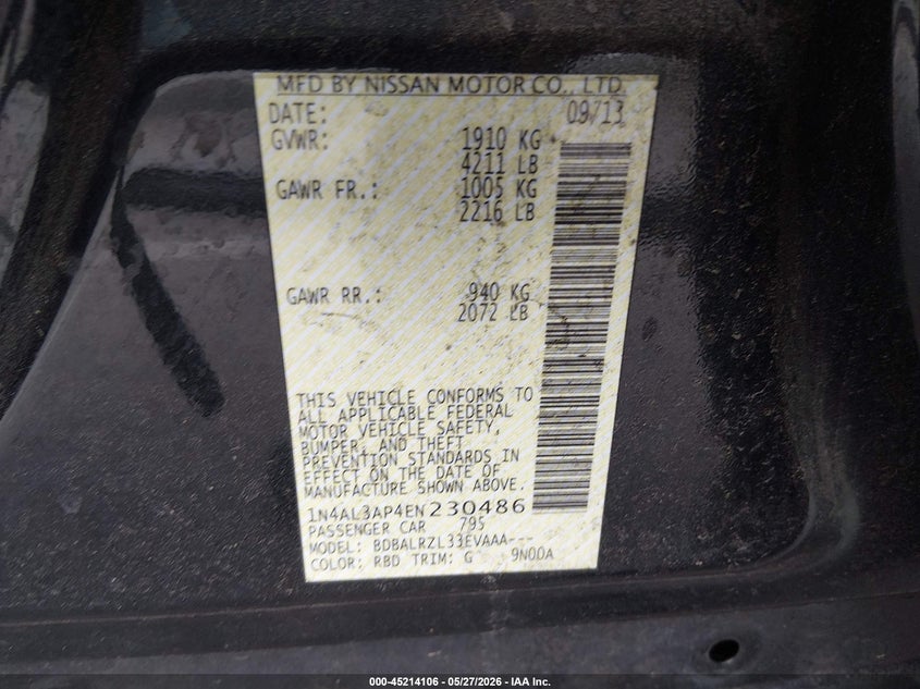 2014 Nissan Altima VIN 1N4AL3AP4EN230486 IAAI salvage auction — NORMAL WEAR, Salvage (California), sold $500 on 2026-07-09 (photo 9)