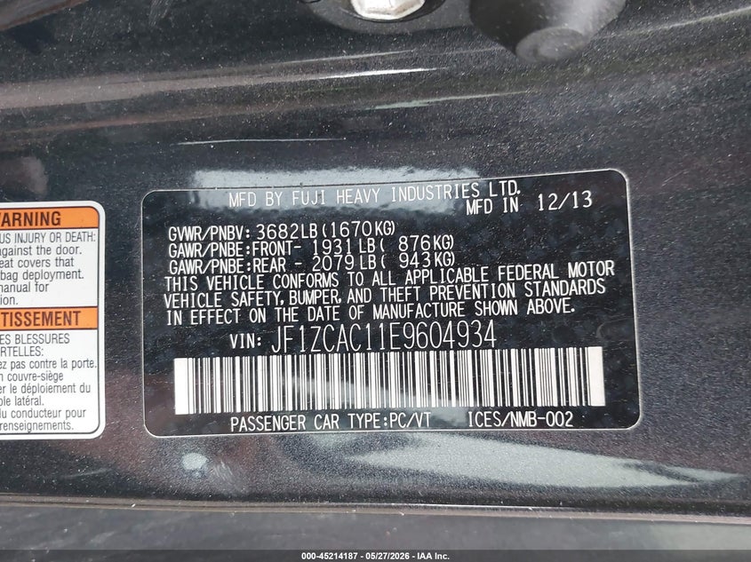 2014 Subaru Brz VIN JF1ZCAC11E9604934 IAAI salvage auction — FRONT END, Salvage Title, sold $1,900 on 2026-07-22 (photo 9)