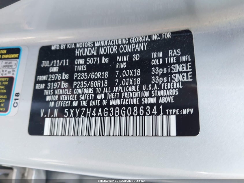 2011 Hyundai Santa fe VIN 5XYZH4AG3BG086341 IAAI salvage auction — FRONT END, Clear (Virginia), sold $2,150 on 2026-07-24 (photo 9)