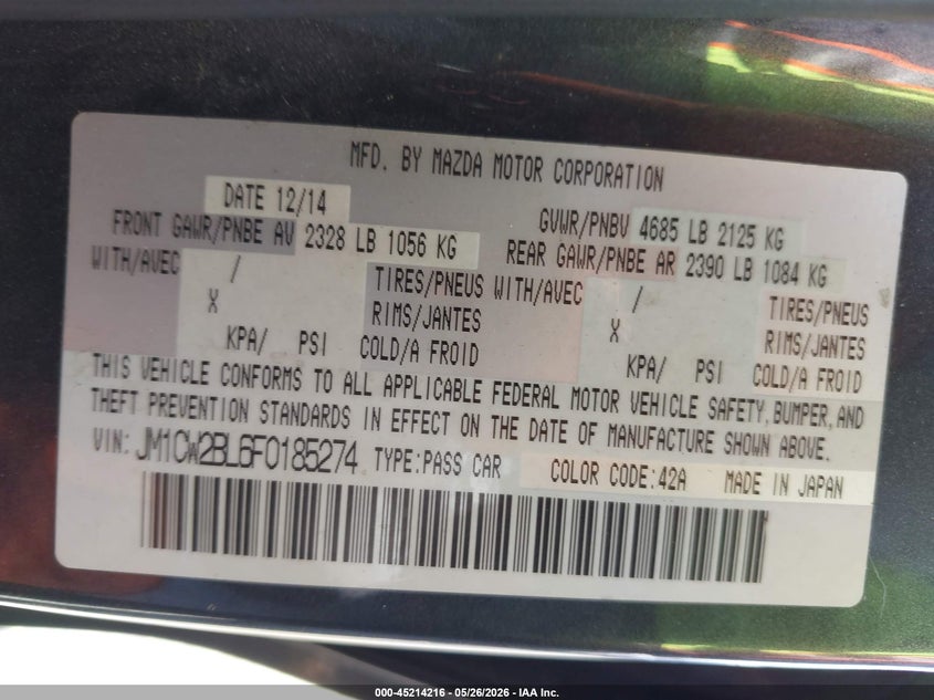 2015 Mazda 5 VIN JM1CW2BL6F0185274 IAAI salvage auction — NORMAL WEAR, App For Dup Clear (California), sold $750 on 2026-07-28 (photo 9)