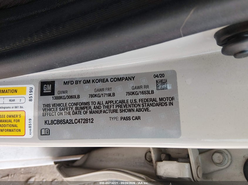 2020 Chevrolet Spark VIN KL8CB6SA2LC472812 IAAI salvage auction — RIGHT SIDE, Salvage Title, sold $1,050 on 2026-07-14 (photo 9)