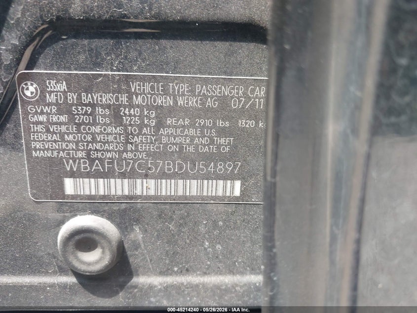 2011 BMW 5 series VIN WBAFU7C57BDU54897 IAAI salvage auction — NORMAL WEAR, Clear (Texas), sold $900 on 2026-08-03 (photo 9)
