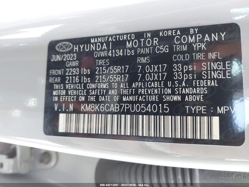 2023 Hyundai Kona VIN KM8K6CAB7PU054015 IAAI salvage auction — FRONT END, Salvage Title, sold $525 on 2026-07-29 (photo 9)