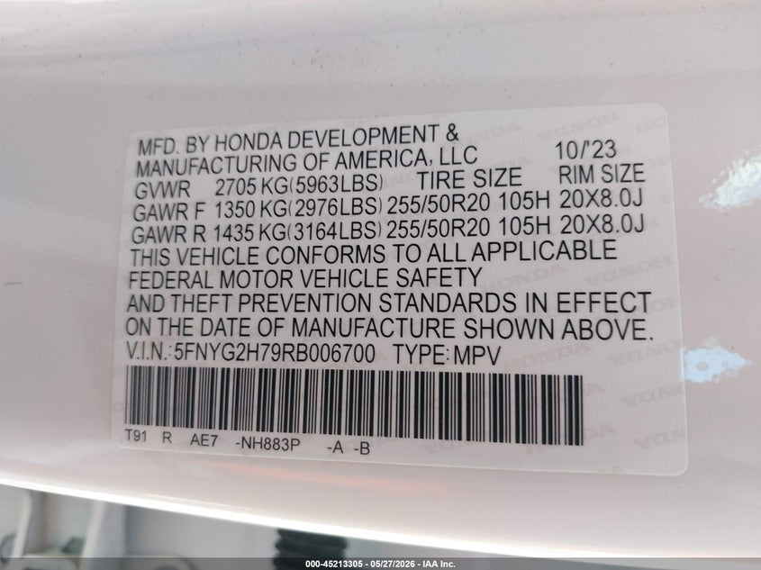 2024 Honda Pilot VIN 5FNYG2H79RB006700 IAAI salvage auction — FRONT END, Salvage (California), sold $14,900 on 2026-07-28 (photo 9)