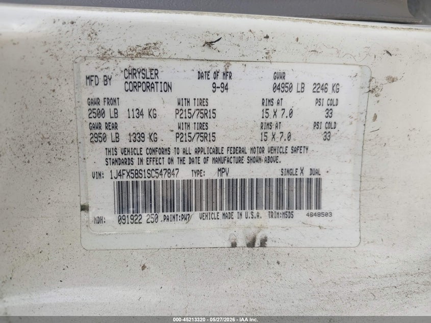 1995 Jeep Grand cherokee VIN 1J4FX58S1SC547847 IAAI salvage auction — NORMAL WEAR, Clear - Dealer Only (California), sold $200 on 2026-07-08 (photo 9)