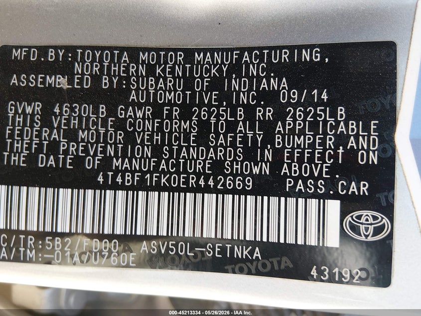 2014 Toyota Camry VIN 4T4BF1FK0ER442669 IAAI salvage auction — RIGHT REAR, Clear (Arizona), sold $2,100 on 2026-07-09 (photo 9)