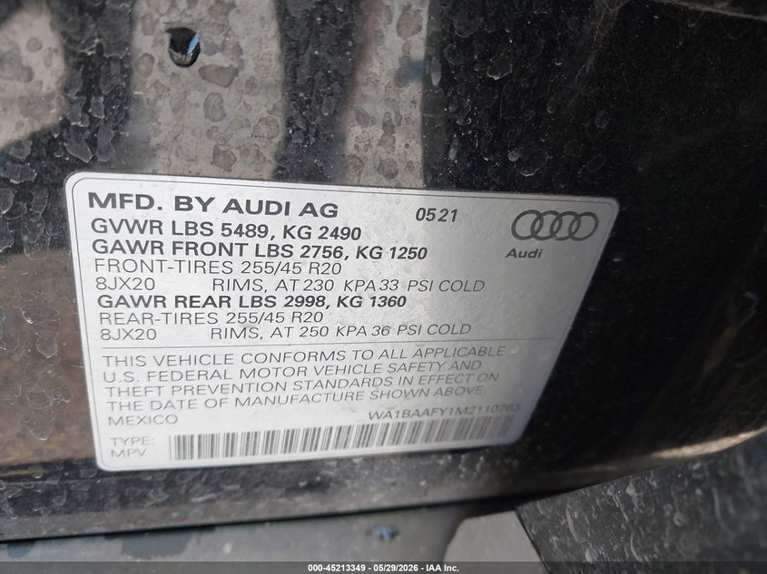 2021 Audi Q5 VIN WA1BAAFY1M2110763 IAAI salvage auction — FRONT END, Salvage Title, sold $7,600 on 2026-07-23 (photo 9)