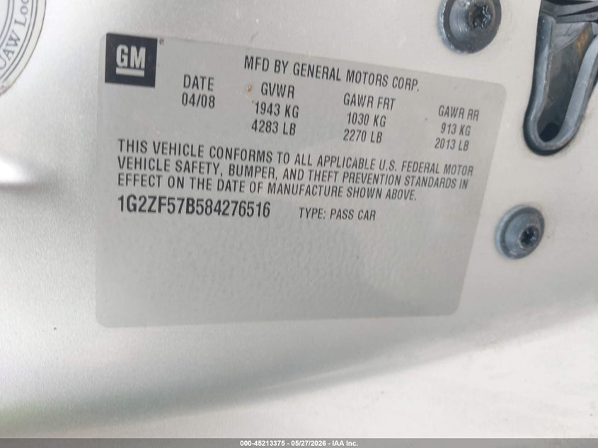 2008 Pontiac G6 VIN 1G2ZF57B584276516 IAAI salvage auction — LEFT SIDE, Salvage (Texas), sold $100 on 2026-07-09 (photo 9)