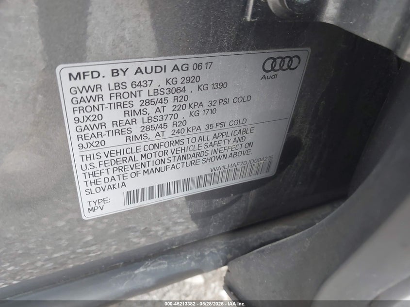 2018 Audi Q7 VIN WA1LHAF70JD004215 IAAI salvage auction — HAIL, Salvage Title, sold $7,200 on 2026-07-13 (photo 9)