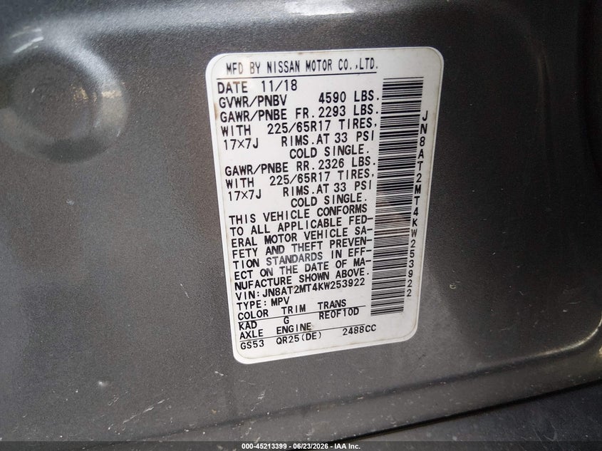 2019 Nissan Rogue sport VIN JN8AT2MT4KW253922 IAAI salvage auction — SIDE, Repossession Paperwork (South Carolina), sold $1,850 on 2026-07-28 (photo 9)