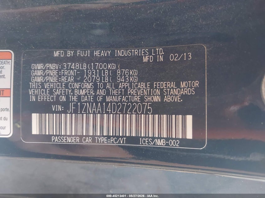2013 Scion Fr-s VIN JF1ZNAA14D2722075 IAAI salvage auction — NORMAL WEAR, Clear (Arizona), sold $4,825 on 2026-07-14 (photo 8)