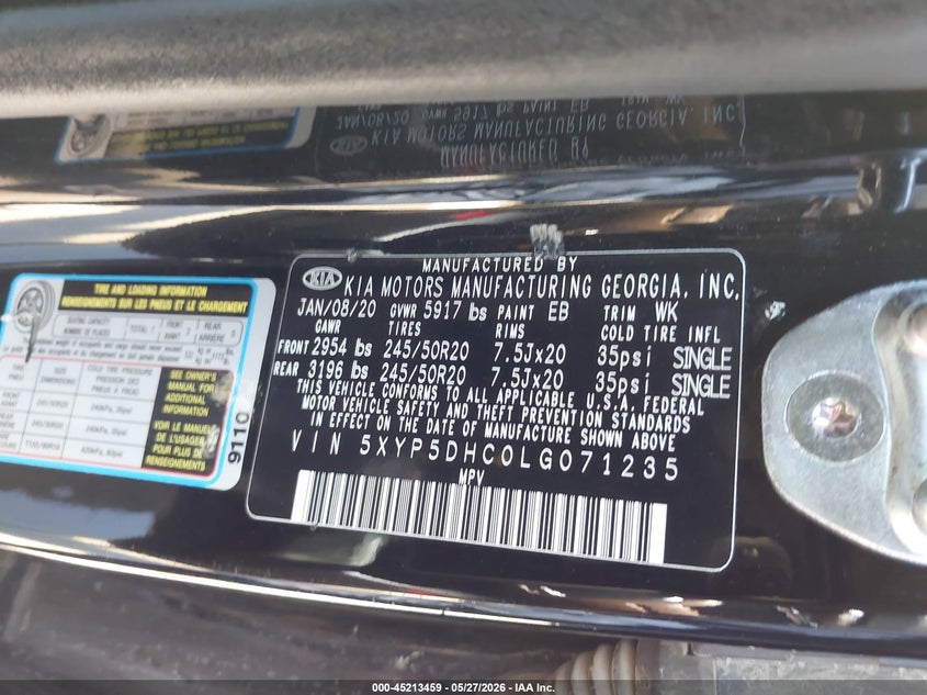 2020 Kia Telluride VIN 5XYP5DHC0LG071235 IAAI salvage auction — FRONT END, Salvage Title, sold $4,250 on 2026-07-23 (photo 9)