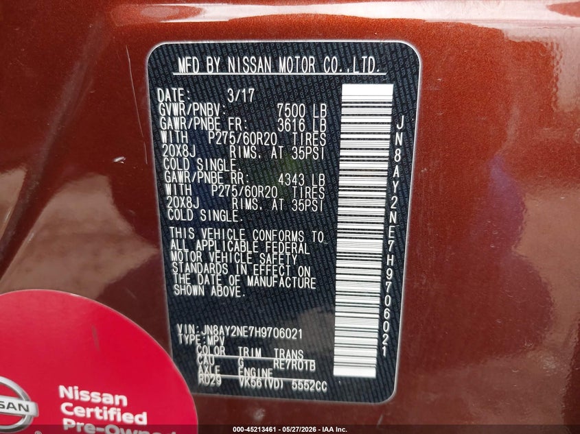 2017 Nissan Armada VIN JN8AY2NE7H9706021 IAAI salvage auction — HAIL, Salvage Title, sold $6,625 on 2026-07-14 (photo 9)