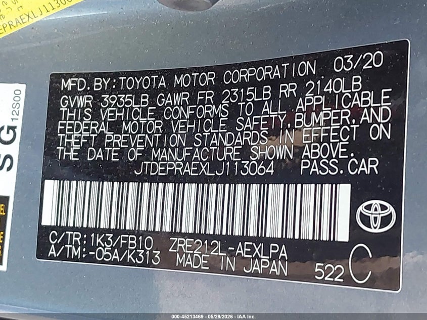 2020 Toyota Corolla VIN JTDEPRAEXLJ113064 IAAI salvage auction — THEFT, Salvage Title, sold $5,825 on 2026-07-28 (photo 9)