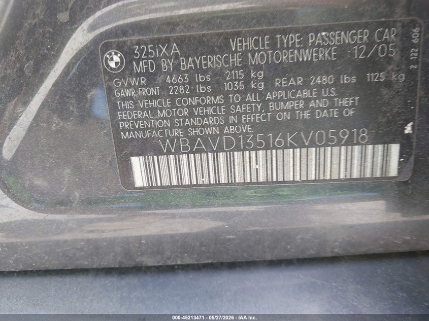 2006 BMW 3er VIN WBAVD13516KV05918 IAAI salvage auction — NORMAL WEAR, Clear (New York), sold $600 on 2026-07-07 (photo 9)